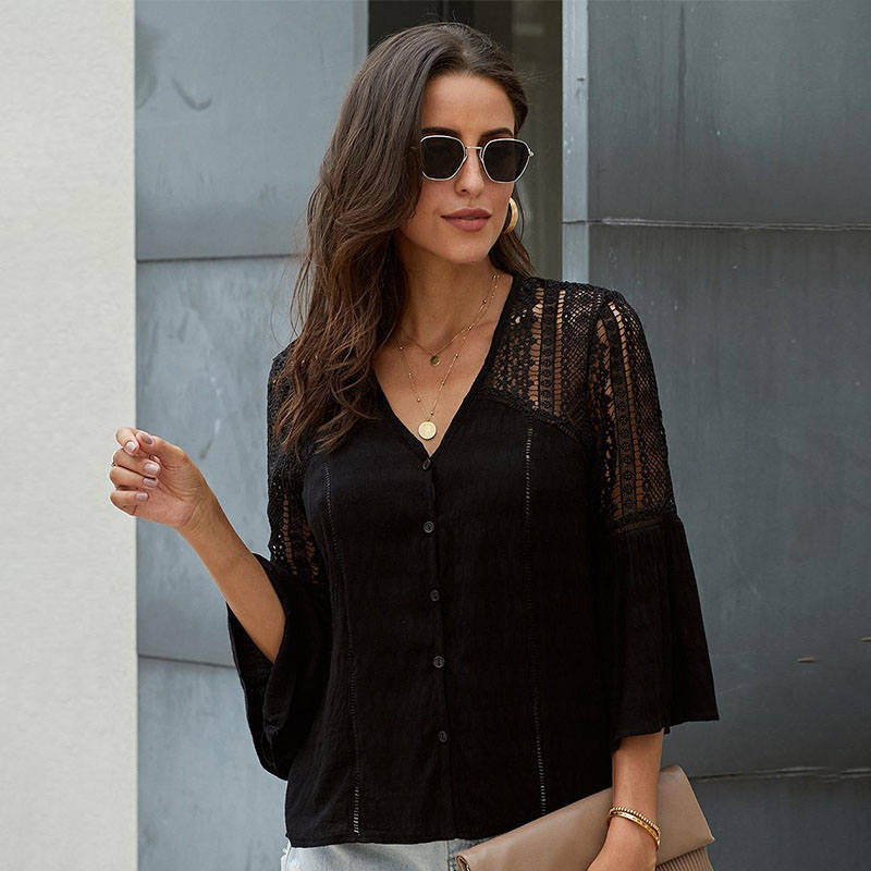 Womens V-neck Lace Crochet Shirt Flare Sleeve Buttoned Blouses-Black