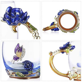 2Pack Enamels Butterfly Flower Tea Cup with Spoon Gifts for Women Wife Mom Her-Blue