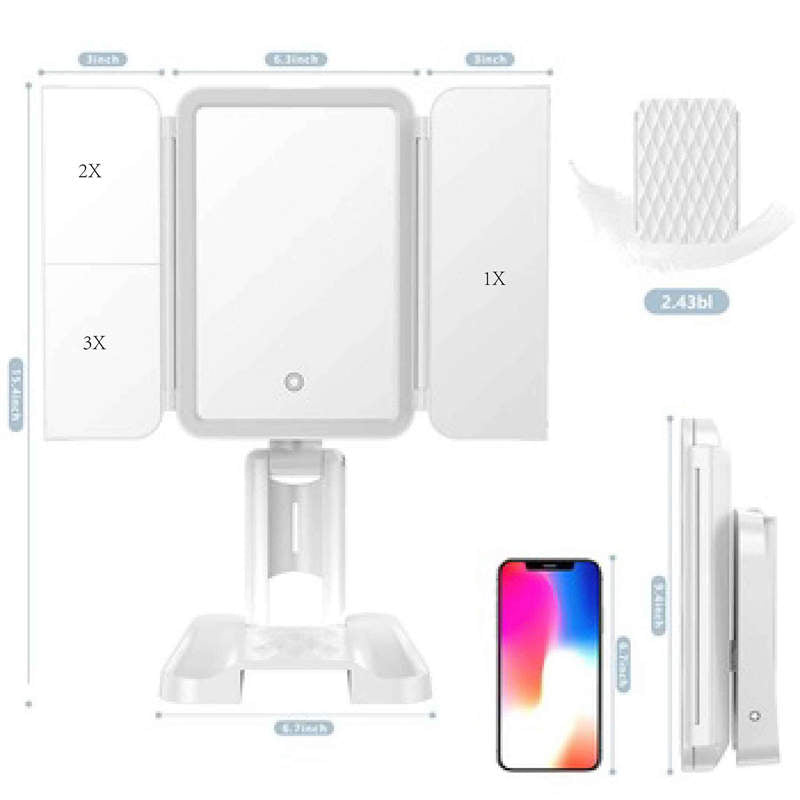 Makeup Mirror Vanity Mirror with Lights - 3 Color Lighting Modes 72 LED Touch Control 1x/2x/3x Magnification Trifold Mirror