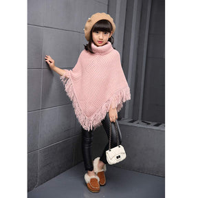 Girls Fall Loose Knitted Pullover Sweaters Poncho Tassel Turtleneck Cloak Cape-Pink