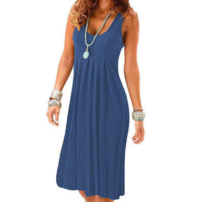 Summer Beach Tank Dresses Sleeveless Tunic Long Dress-DenimBlue