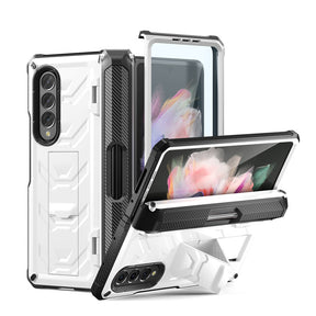 7.6inch Armorer Phone Case Built-in Screen Protector with Kickstand Pen Slot for Galaxy Z Flip 3-White