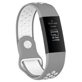 Double Color Porous Breathable Watch Band Silicone Wristband For Fitbit Charge 3 Sport Smartwatch -Gray White