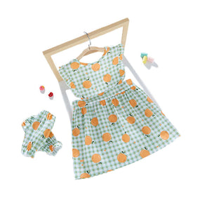 Baby Girl Waterproof Dress Bibs With 2 sleeves Covers-Green Plaid Apple