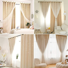 2 Panels Double Layer Stars Blackout Curtains for Bedroom Window-Beige