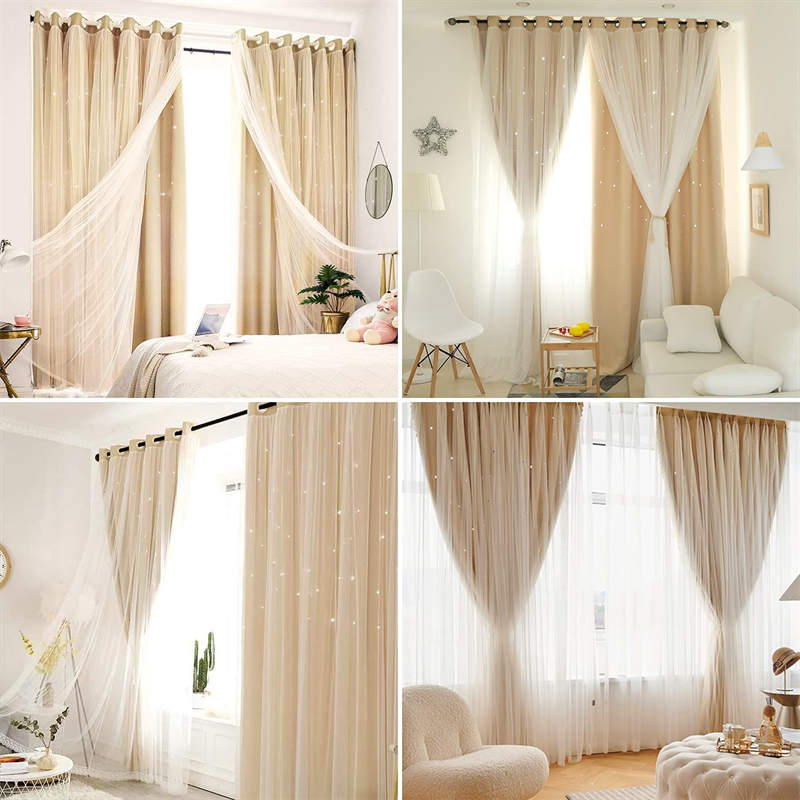 2 Panels Double Layer Stars Blackout Curtains for Bedroom Window-Beige