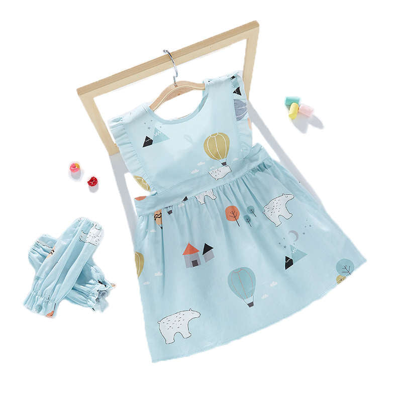 Baby Girl Waterproof Dress Bibs With 2 sleeves Covers-Light Blue Hot Air Balloon