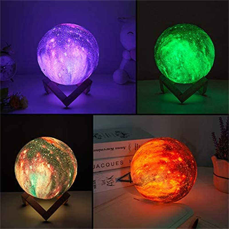 Kids Night Light Rechargable Galaxy Lamp 16 Colors LED 3D Star Moon Light with Wood Stand and Remote Control