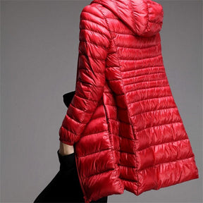 Womens Lightweight Puffer Jacket Hooded Winter Mid Length Coat-BigRed
