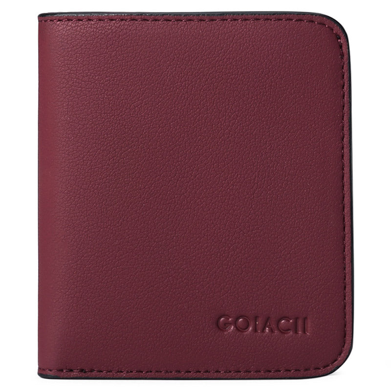 Womens Leather Mini Wallet with ID Card Window Portable Coin Purse-WineRed