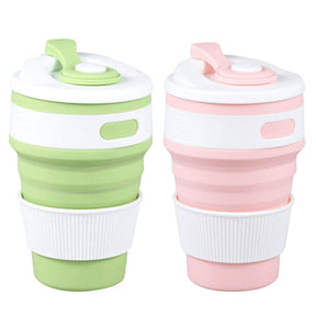 2 Pack 350ml Silicone Collapsible Travel Mug with Lid-Green Pink