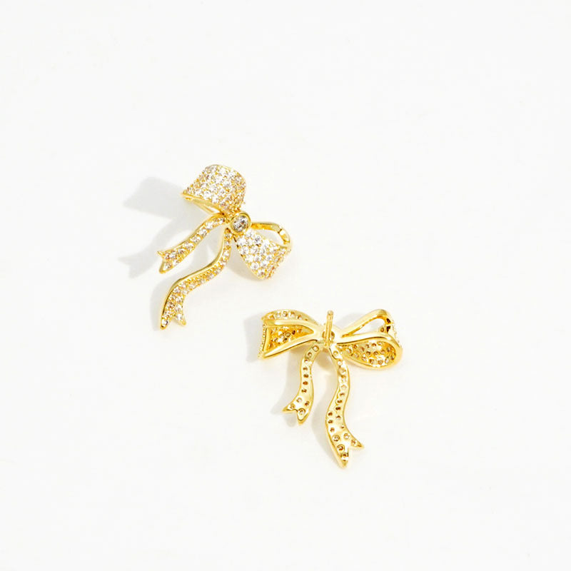 Pair Of Gold Diamond Ribbon Bow Earrings for Women