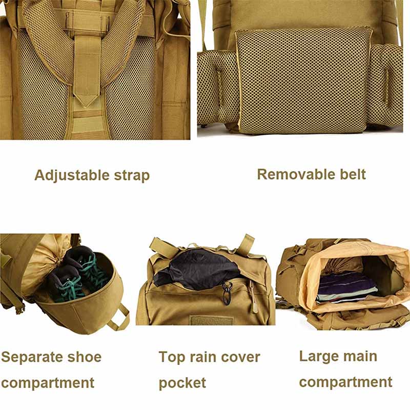 65L Extra Large Camping Waterproof Backpack For Men-Tan