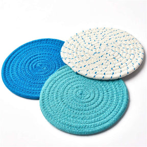 3 Pcs Potholders Colorful Cotton Thread Weave Stylish Coasters Heat Insulation Table Mat by Diameter 18CM-Blue