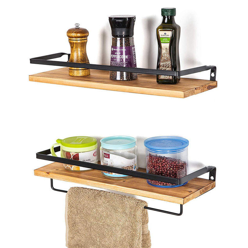 Floating Shelf Wall-mounted Storage Rack for Kitchen and Bathroom 2-piece Wooden Set-Carbonized Black