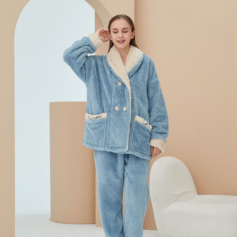 Womens Plush Pajamas Cardigan Set Loungewear-Haze Blue