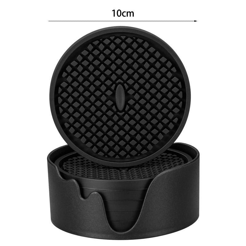 Silicone Drink Coasters Set of 6 in Holder for Drinks Insulation Absorbent Coaster Protect Cup-Black