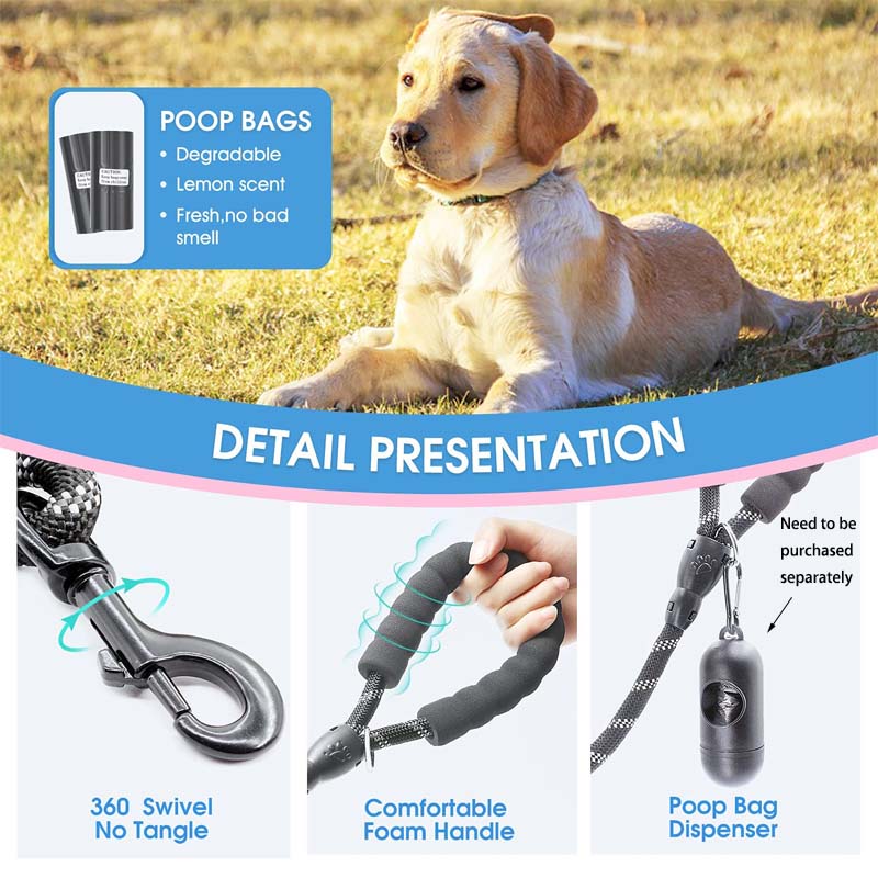 Strong Dog Leash with Comfortable Padded Handle and Highly Reflective Threads-Black