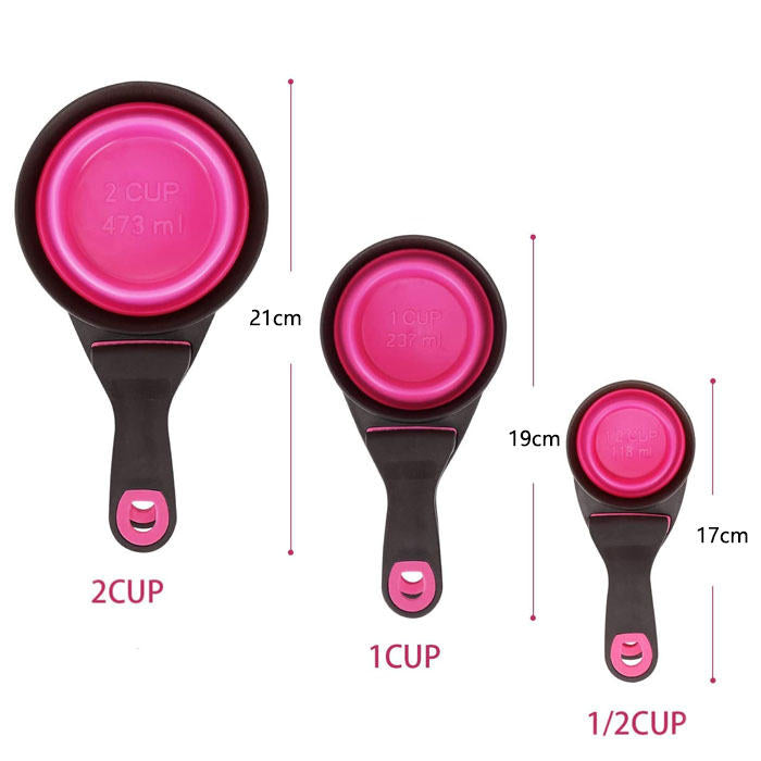 3Pcs Pet 3 in 1 Clip Scoop with Collapsible Silicone Measuring Cup-Pink