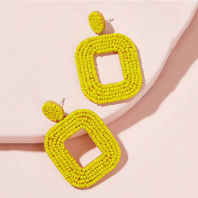 Square Hoop Dangle Beaded Earrings-Yellow