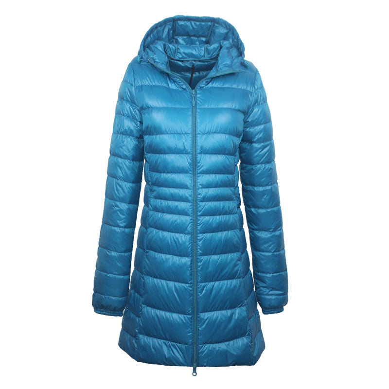 Womens Lightweight Puffer Jacket Hooded Winter Mid Length Coat-PeacockBlue