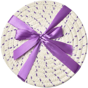 3 Pcs Potholders Colorful Cotton Thread Weave Stylish Coasters Heat Insulation Table Mat by Diameter 18CM-Purple