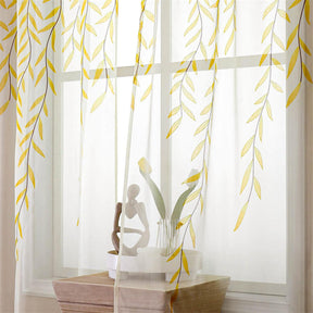 2 Panels Sheer Curtains Rod Pocket Willow Leaves Print for Living Room-Yellow