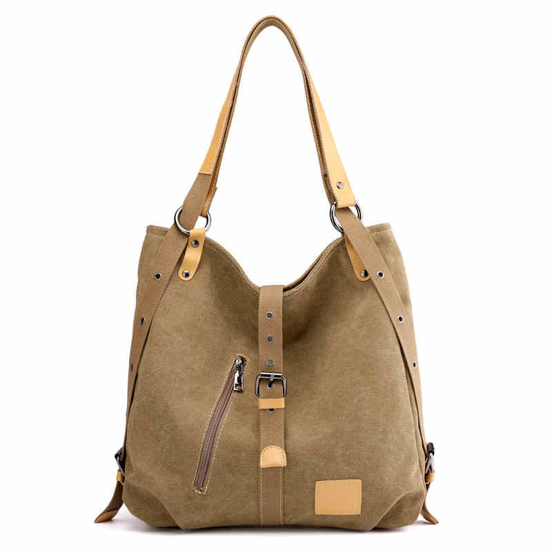 Women Canvas Bag Casual Backpack Vintage Shoulder Bag-Khaki