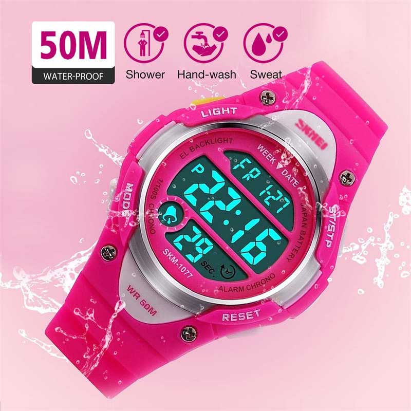 Kid Sport Outdoor Waterproof Electronic Watches with LED Light-RoseRed