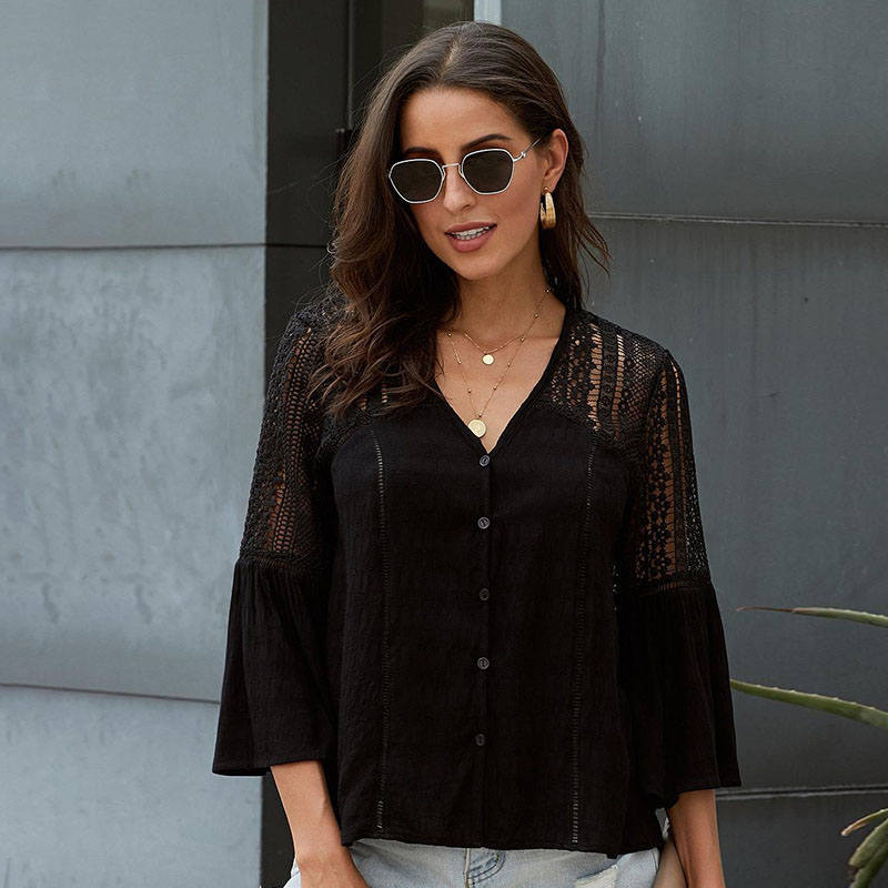 Womens V-neck Lace Crochet Shirt Flare Sleeve Buttoned Blouses-Black