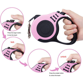 Retractable Dog Leash Lightweight Portative with Folding Bowl Dispenser Waste Bag-Pink