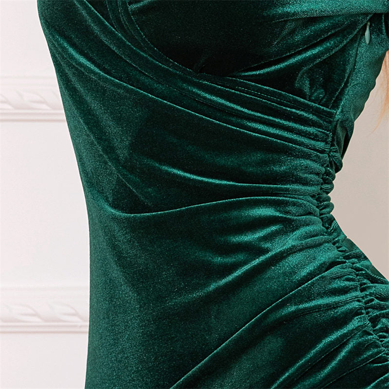 Womens Velvet Sexy V Neck Pack Hip Party Cocktail Bodycon Dress-Green