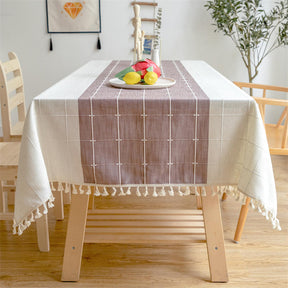 Embroidery Tassel Tablecloth Cotton Linen Dust-Proof Table Cover for Party Home Tabletop Decoration-Purple