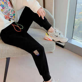 Girls Joggers Long Pants Pockets Outdoor Casual Trousers with Two-color Drawstring-Black