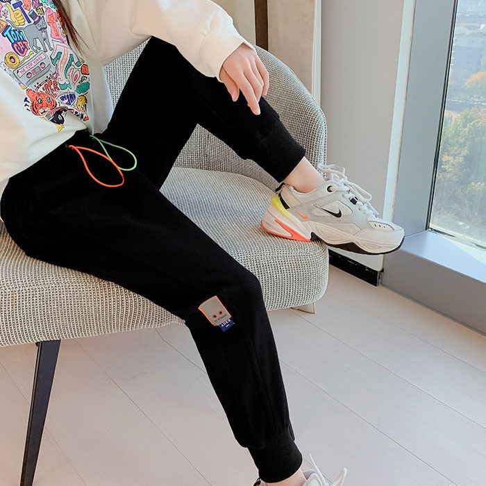Girls Joggers Long Pants Pockets Outdoor Casual Trousers with Two-color Drawstring-Black