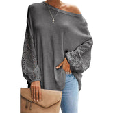 Womens Off Shoulder Tops Waffle Knit Lantern Long Sleeve Pullover-Grey