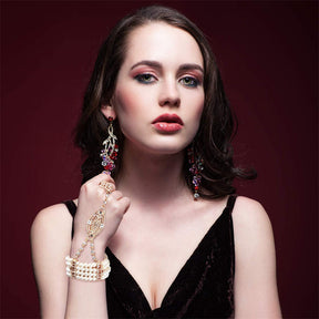 Pearl Crystal Bracelet Ring All-in-one Chain + Layered Pearl Necklace-Gold