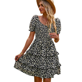 Womens Summer Dress High Waist Floral Smocked Tiered Dresses-Black