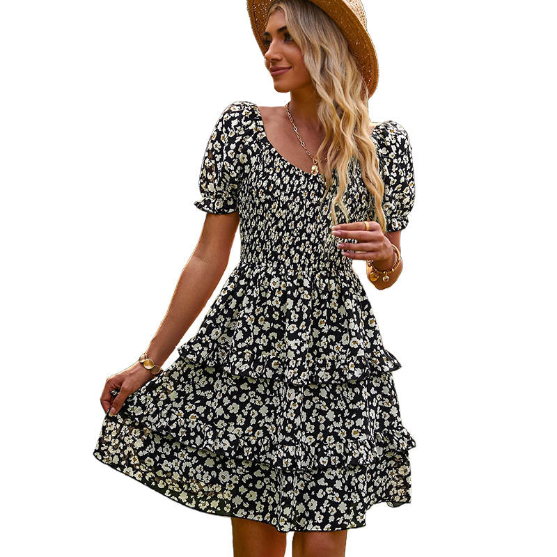 Womens Summer Dress High Waist Floral Smocked Tiered Dresses-Black
