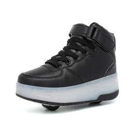 Kids Light Up Roller Skate Shoes High Top Sneakers Double Wheels-Black