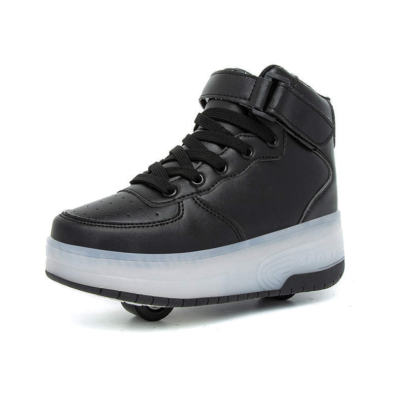 Kids Light Up Roller Skate Shoes High Top Sneakers Double Wheels-Black