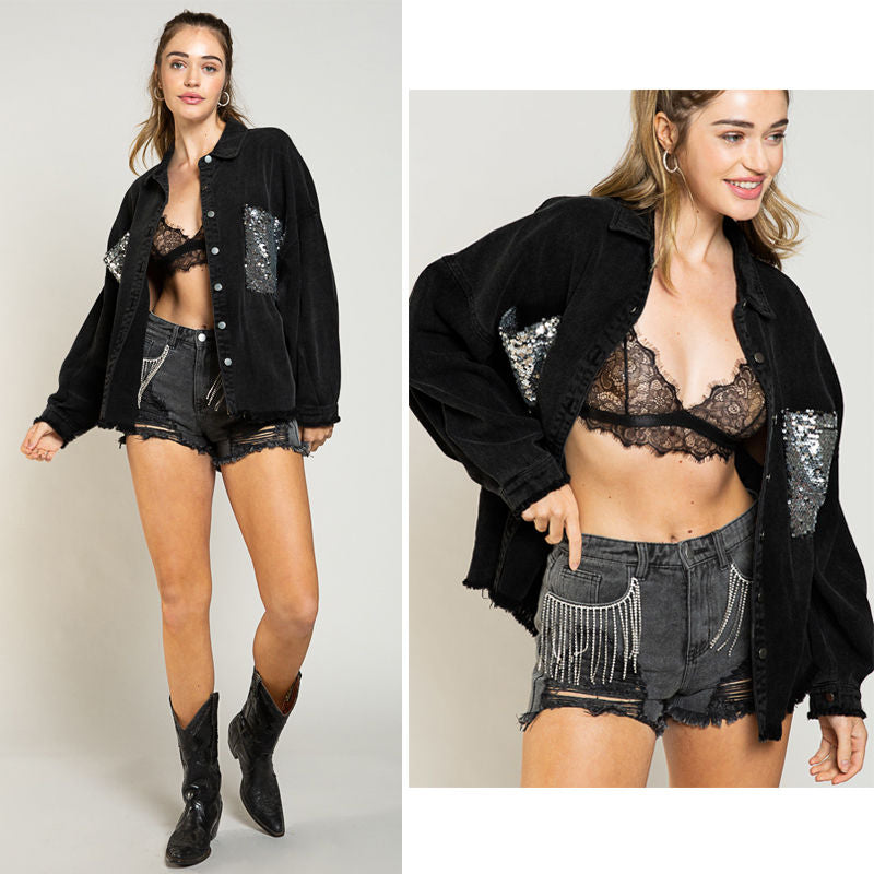 Sequins Denim Jacket for Women Oversized Distressed Jean Outwear-Black