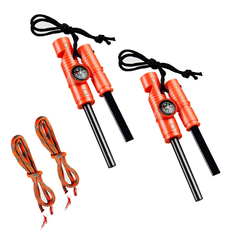 2Pack 5-in-1 Magnesium Fire Starter with Compass Whistle High Temp Magnesium Rod