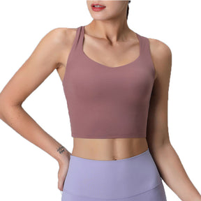 V Neck Longline Sports Bras Padded Wirefree Stretchy Yoga Camisole-Pink
