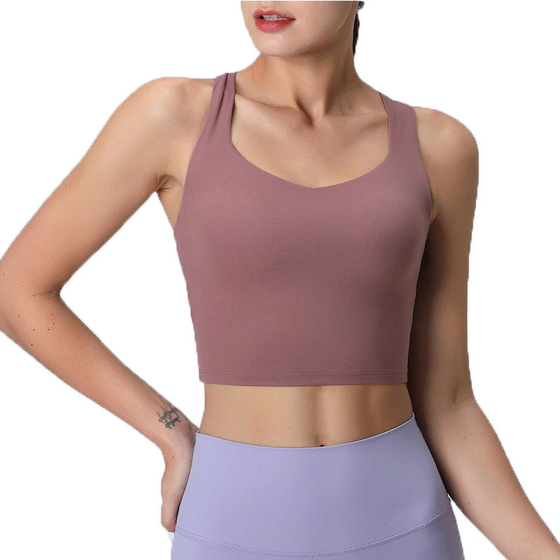 V Neck Longline Sports Bras Padded Wirefree Stretchy Yoga Camisole-Pink