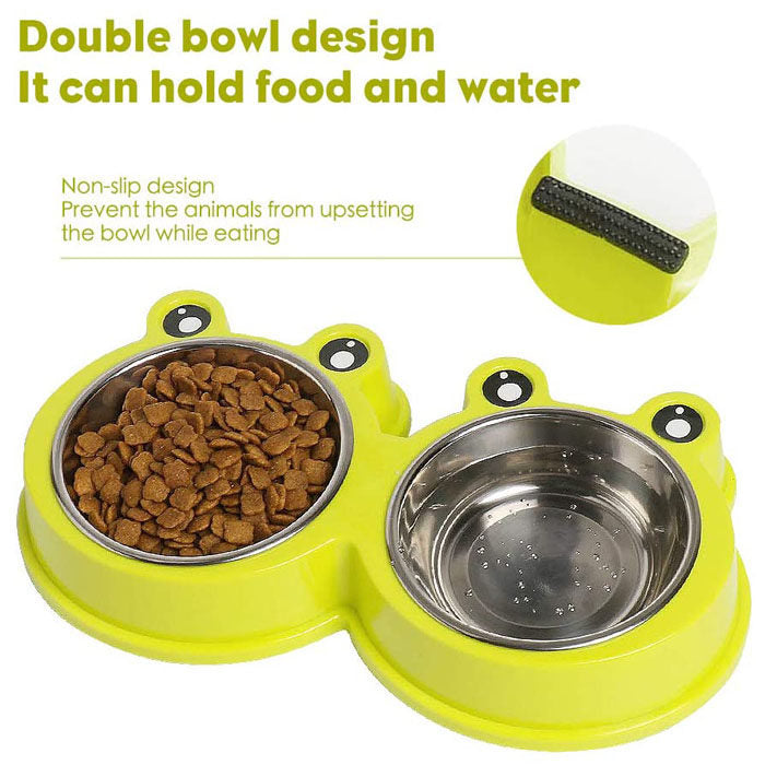 Double Dog Cat Bowls Cute Modeling No-Slip Stainless Steel Pet Bowls-Green