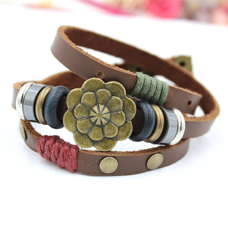 Multilayer Leather Lucky Lotus Flower Snap Button Wrap Bracelet