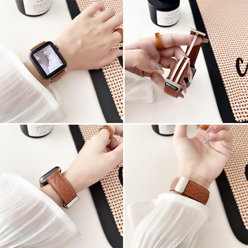 Vintage Leather Band Rhombus Pattern Magnetic Clasp for Apple Watch-Brown