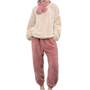 Womens Thickened Coral Fleece Pajamas Set with Scarf-Beige