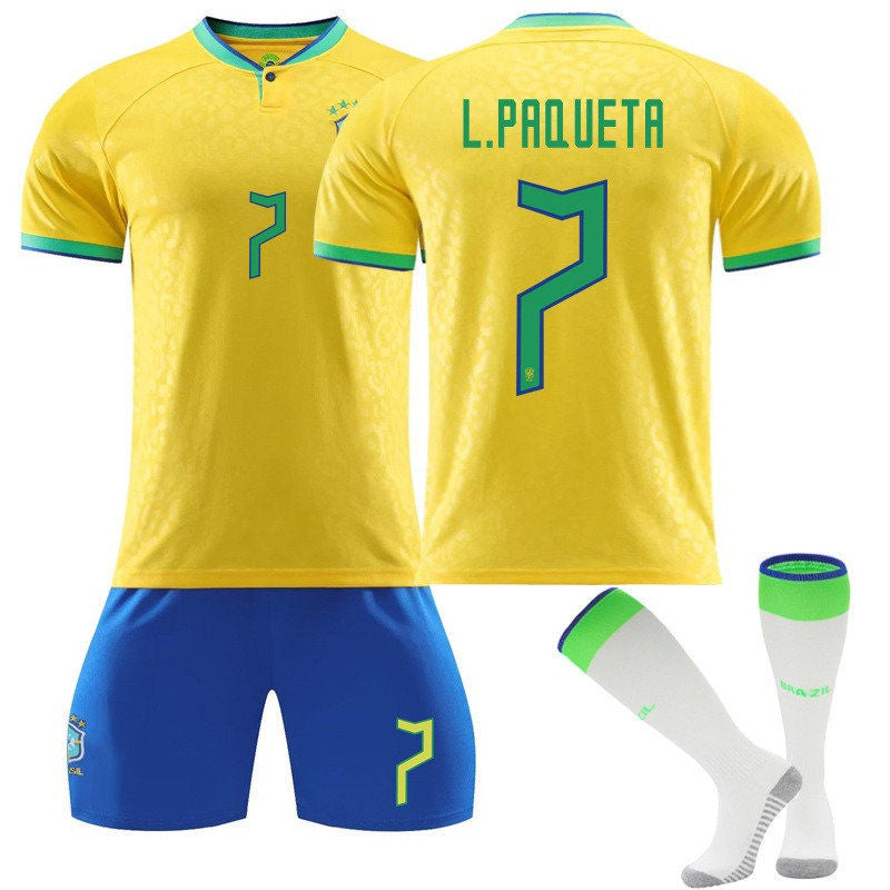 L.PAQUETA #7 Brazil Home Jersey 2022/23 Soccer Jersey Kit Football T-shirt Set For Adult Kids